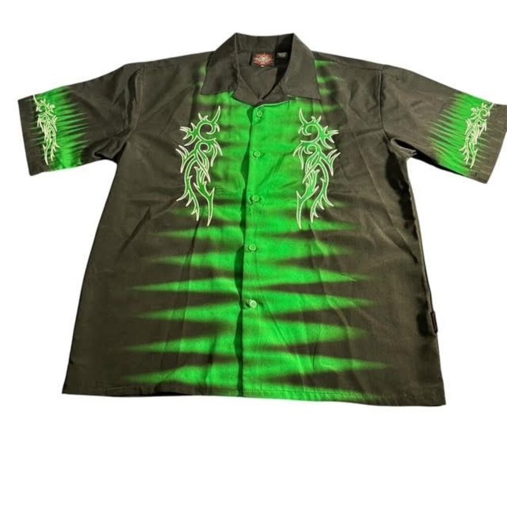 DRAGONFLY ROADHOUSE Black with Green Embroidered Accents Button Up